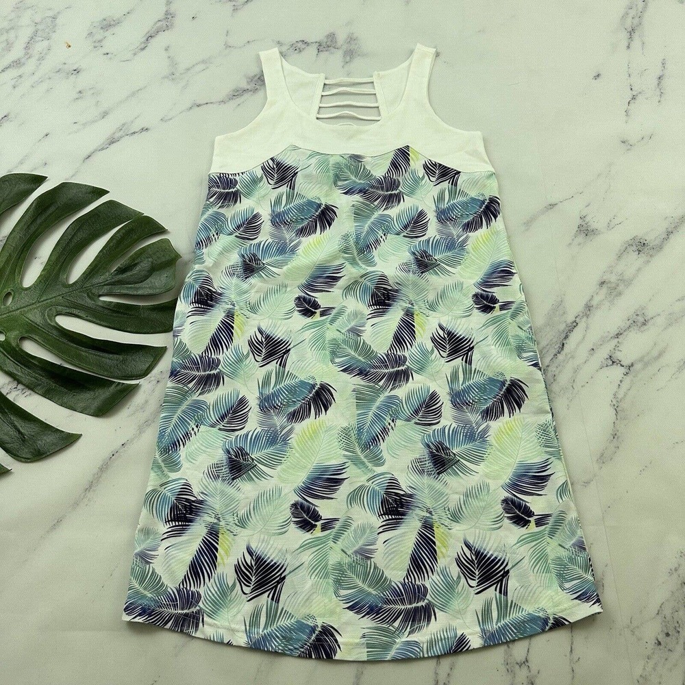 Carve Designs Tropical Leaf Print Shift Dress Size XS Blue Green Pockets Strappy